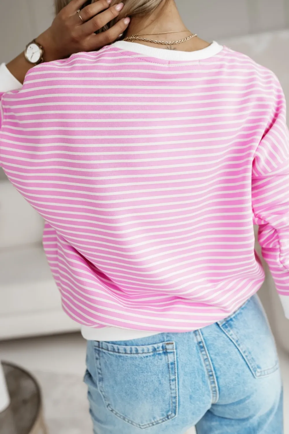 CandyTM BLUZA JIMMY O KROJU OVERSIZE W PASKI RÓŻOWE-ECRU