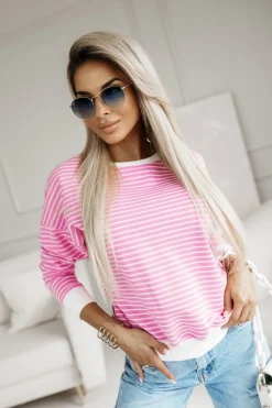 CandyTM BLUZA JIMMY O KROJU OVERSIZE W PASKI RÓŻOWE-ECRU