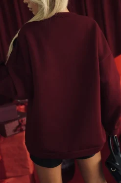 CandyTM BLUZA OVERSIZE OCIEPLANA Z ODPINANYM KWIATEM 3D BURGUNDOWA