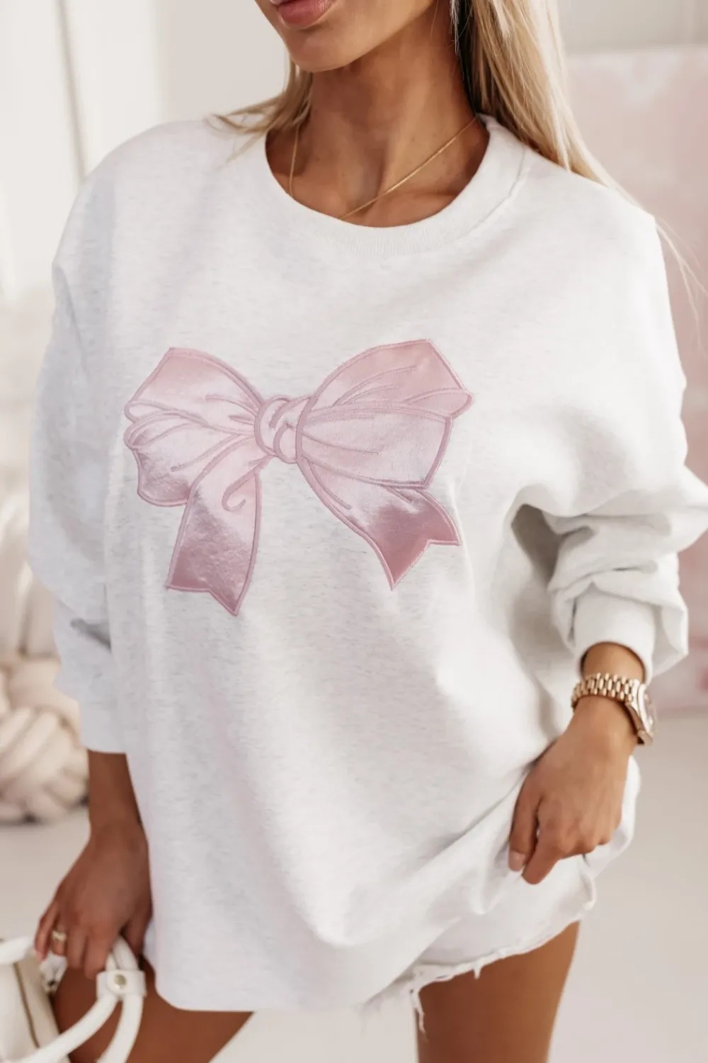 CandyTM BLUZA SUNNY Z RÓŻOWĄ KOKARDĄ SZARA