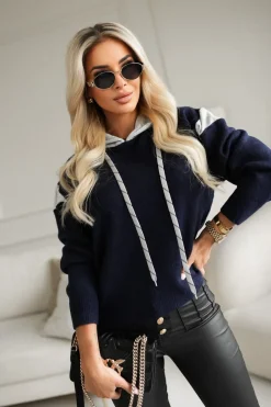 CandyTM BLUZA SWETERKOWA SARA Z KAPTUREM GRANATOWO-SZARA