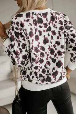 CandyTM BLUZA SWETERKOWA ZDOBIONA GUZIKAMI PANTERKA BIAŁO-BORDOWA