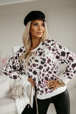 CandyTM BLUZA SWETERKOWA ZDOBIONA GUZIKAMI PANTERKA BIAŁO-BORDOWA