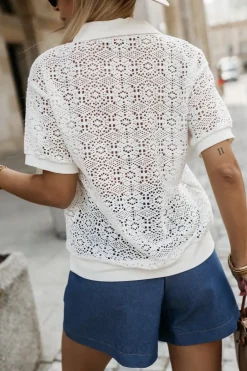 CandyTM BLUZKA AŻUROWA BAWEŁNIANA Z KOŁNIERZYKIEM ECRU