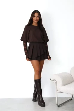 CandyTM BLUZKA BASIC BAWEŁNIANA Z KORONKOWYMI RĘKAWAMI CZEKOLADOWA