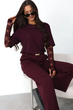 CandyTM BLUZKA BASIC BAWEŁNIANA Z KORONKOWYMI RĘKAWAMI JAGODOWA