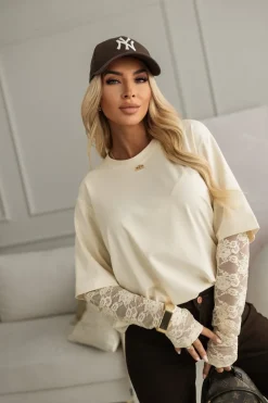 CandyTM BLUZKA BASIC BAWEŁNIANA Z KORONKOWYMI RĘKAWAMI KOKOSOWA