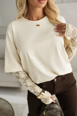 CandyTM BLUZKA BASIC BAWEŁNIANA Z KORONKOWYMI RĘKAWAMI KOKOSOWA