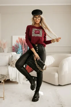 CandyTM BLUZKA BASIC LONG Z PANTERKOWYM NADRUKIEM VIBE BURGUNDOWA