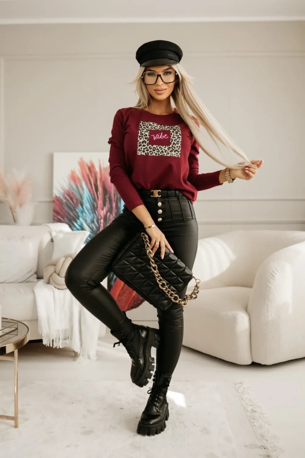 CandyTM BLUZKA BASIC LONG Z PANTERKOWYM NADRUKIEM VIBE BURGUNDOWA