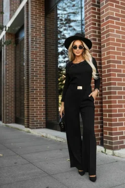 CandyTM BLUZKA BASIC Z PRĄŻKOWANEGO MATERIAŁU ZDOBIONA KWIATAMI CZARNA