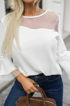 CandyTM BLUZKA BASIC Z PRĄŻKOWANEGO MATERIAŁU Z TIULOWYMI WSTAWKAMI BIAŁA