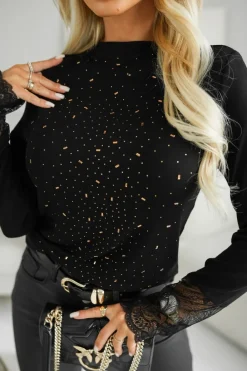 CandyTM BLUZKA BAWEŁNIANA ALICE ZDOBIONA KORONKĄ I CYRKONIAMI CZARNA