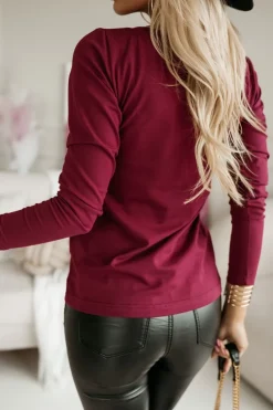 CandyTM BLUZKA BAWEŁNIANA BASIC Z DŁUGIM RĘKAWEM V DEKOLT BURDGUNOWA