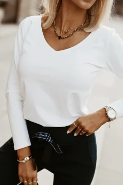 CandyTM BLUZKA BAWEŁNIANA BASIC Z DŁUGIM RĘKAWEM V DEKOLT BIAŁA