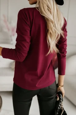 CandyTM BLUZKA BAWEŁNIANA BASIC Z DŁUGIM RĘKAWEM Z OKRĄGŁYM DEKOLTEM BURDGUNOWA