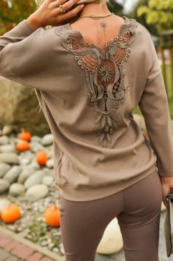 CandyTM BLUZKA BAWEŁNIANA SISI Z PRĄŻKOWANEGO MATERIAŁU Z KORONKĄ NA PLECACH BRĄZOWA