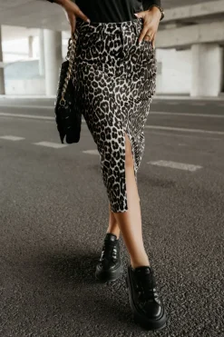 CandyTM SPÓDNICA JEANSOWA MIDI Z ROZCIĘCIEM Z PRZODU PANTERA ECRU-CZARNA