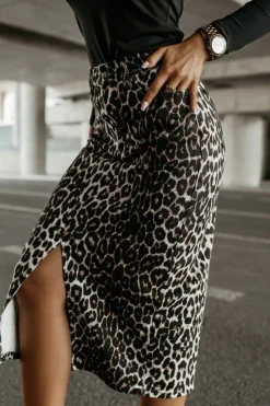 CandyTM SPÓDNICA JEANSOWA MIDI Z ROZCIĘCIEM Z PRZODU PANTERA ECRU-CZARNA