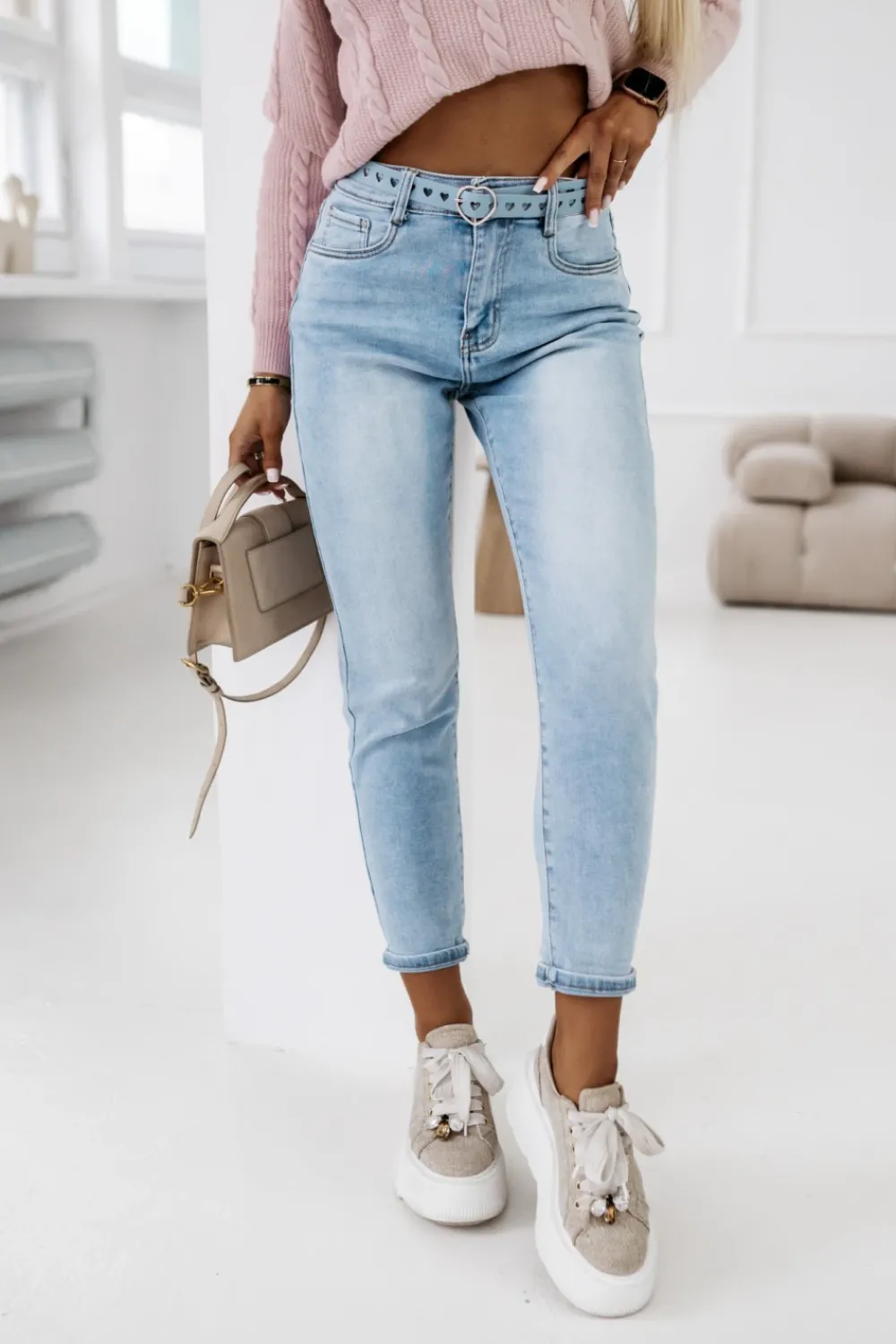 CandyTM SPODNIE JEANSOWE TYPU BOYFRIEND Z PASKIEM W KOMPLECIE BŁĘKITNY JEANS