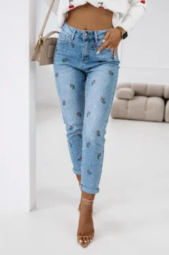 CandyTM SPODNIE JEANSOWE TYPU BOYFRIEND Z HAFTOWANYMI KWIATAMI I CYRKONIAMI NIEBIESKI JEANS