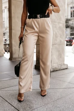 CandyTM SPODNIE SATYNOWE NA GUMĘ Z OZDOBNYM LAMPASEM BEŻOWO-CZARNE