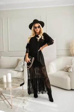 CandyTM SUKIENKA BAWEŁNIANA MAXI ZE WSTAWKAMI Z KORONKI CZARNA