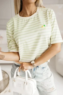 CandyTM T-SHIRT BAWEŁNIANY LEMON W PASKI BEŻOWO-PISTACJOWE
