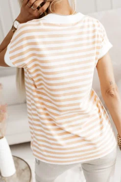 CandyTM T-SHIRT BAWEŁNIANY MARINE Z DEKOLTEM W SEREK W PASKI BIAŁO-MORELOWE