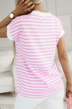 CandyTM T-SHIRT BAWEŁNIANY MARINE Z DEKOLTEM W SEREK W PASKI BIAŁO-RÓŻOWE