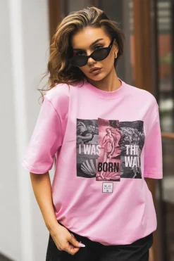 CandyTM T-SHIRT BAWEŁNIANY O KROJU OVERSIZE BORN THIS WAY RÓŻOWY