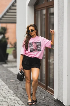 CandyTM T-SHIRT BAWEŁNIANY O KROJU OVERSIZE BORN THIS WAY RÓŻOWY