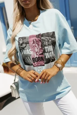 CandyTM T-SHIRT BAWEŁNIANY O KROJU OVERSIZE BORN THIS WAY BŁĘKITNY