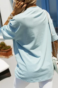 CandyTM T-SHIRT BAWEŁNIANY O KROJU OVERSIZE BORN THIS WAY BŁĘKITNY