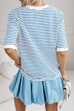 CandyTM T-SHIRT BAWEŁNIANY OVERSIZE W PASKI GRANATOWE-ECRU