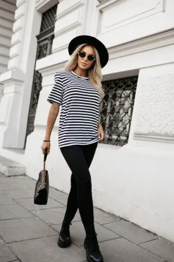 CandyTM T-SHIRT BAWEŁNIANY SLAY W PASKI BIAŁO-CZARNE