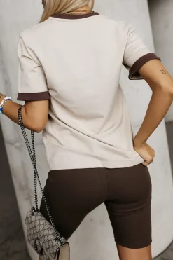 CandyTM T-SHIRT BAWEŁNIANY VICTORIA Z KONTRASTOWĄ LAMÓWKĄ BEŻOWY