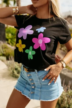 CandyTM T-SHIRT BAWEŁNIANY W KOLOROWE KWIATY CZARNY