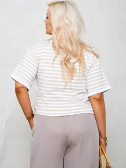 CandyTM T-SHIRT BAWEŁNIANY W PASKI BIAŁO-BEŻOWE