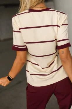 CandyTM T-SHIRT BAWEŁNIANY W PASKI BEŻOWO-BURGUNDOWE
