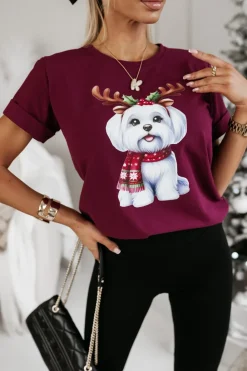 CandyTM T-SHIRT BAWEŁNIANY ŚWIĄTECZNY PIESEK BURGUNDOWY