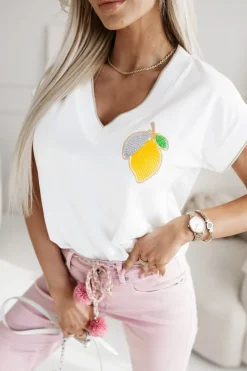 CandyTM T-SHIRT BAWEŁNIANY Z DEKOLTEM W SEREK LEMON ECRU