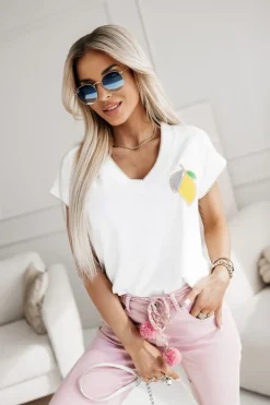 CandyTM T-SHIRT BAWEŁNIANY Z DEKOLTEM W SEREK LEMON ECRU