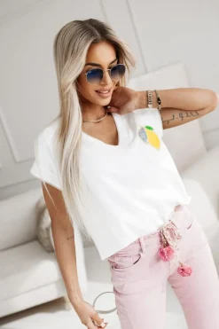 CandyTM T-SHIRT BAWEŁNIANY Z DEKOLTEM W SEREK LEMON ECRU