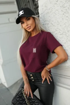 CandyTM T-SHIRT BAWEŁNIANY Z KIESZONKĄ I OZDOBNYM ELEMENTEM BURGUNDOWY