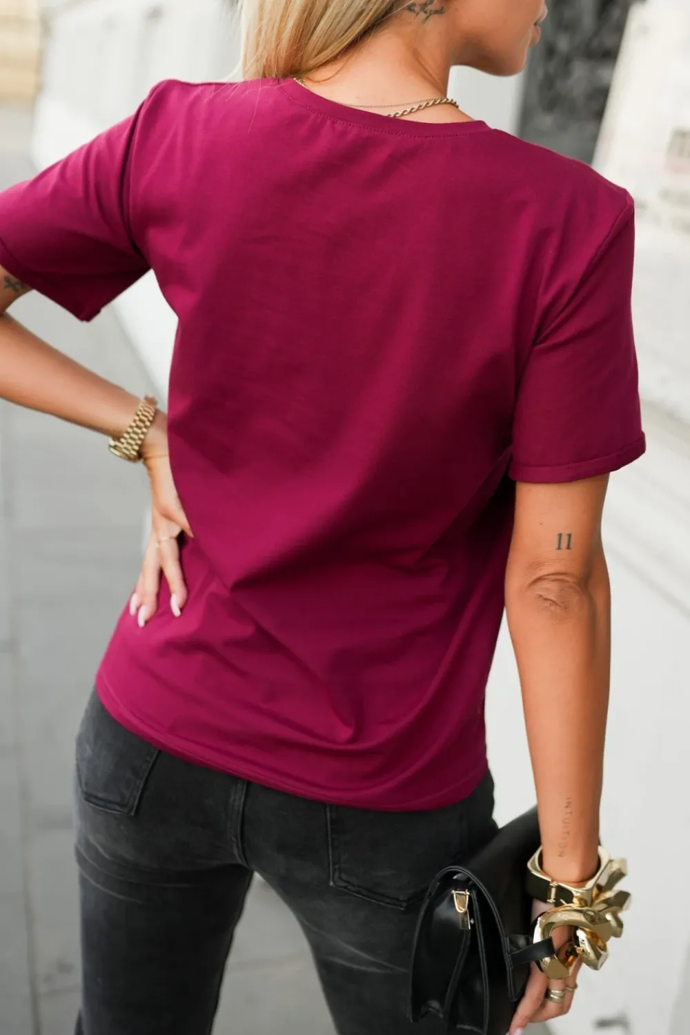 CandyTM T-SHIRT BAWEŁNIANY Z KIESZONKĄ I MINI BROSZKĄ BURGUNDOWY