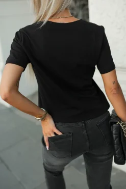 CandyTM T-SHIRT BAWEŁNIANY Z KIESZONKĄ I OZDOBNYM ELEMENTEM CZARNY