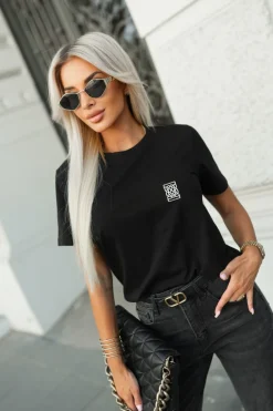 CandyTM T-SHIRT BAWEŁNIANY Z KIESZONKĄ I OZDOBNYM ELEMENTEM CZARNY