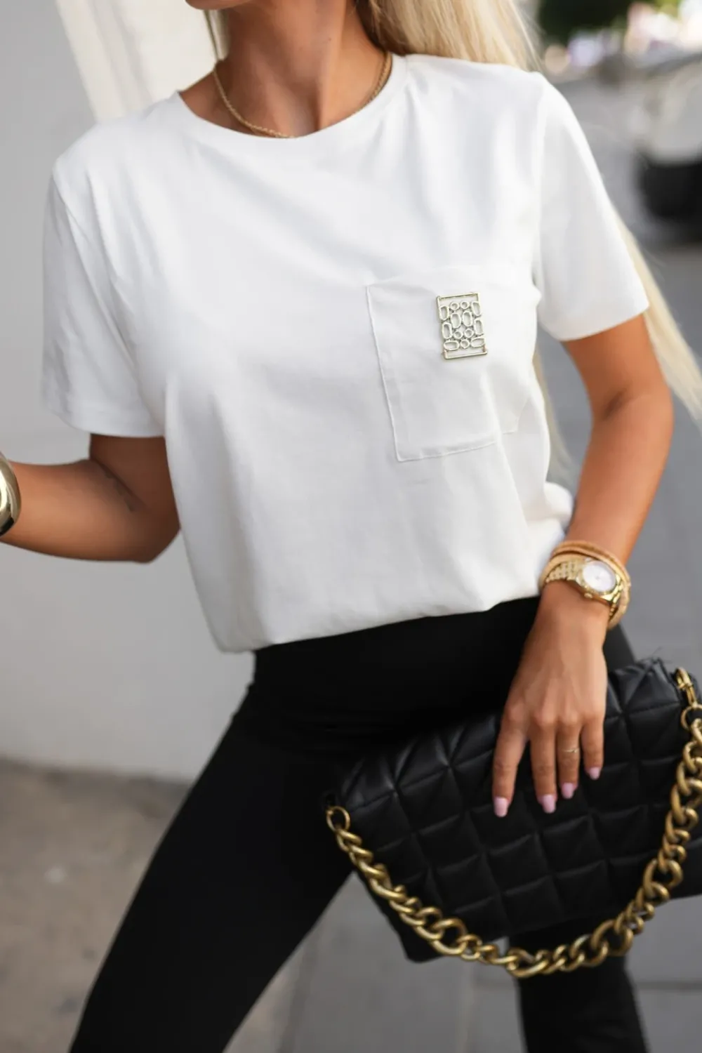 CandyTM T-SHIRT BAWEŁNIANY Z KIESZONKĄ I OZDOBNYM ELEMENTEM BIAŁY