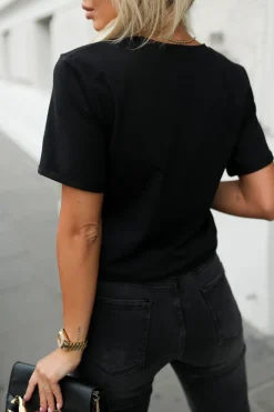 CandyTM T-SHIRT BAWEŁNIANY Z KIESZONKĄ I MINI BROSZKĄ CZARNY
